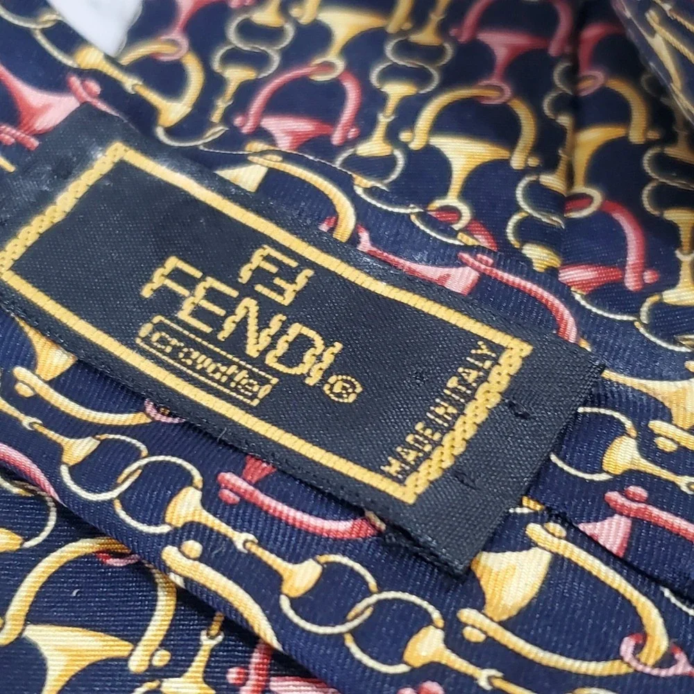 FENDI Mens Neck Tie horsebit stirrup pattern Black Gold Burgundy Silk Italy